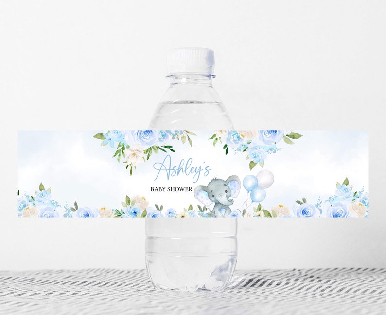 Edytowalna etykieta na butelkę z niebieskim słoniem na baby shower, etykiety na wodę na balon z chłopcem słoniem na baby shower, naklejki na butelkę z wodą z niebieskim balonem dla chłopca, 0617 zdjęcie 1