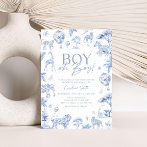 Convite editável para chá de bebê Safari Toile de Jouy, convite para chá de bebê Safari Toile, convite para chá de bebê menino Chinoiserie azul, 01072