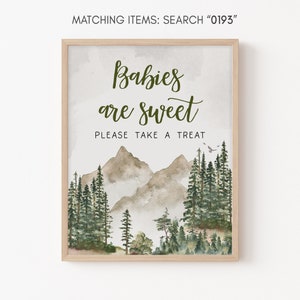 Los bebés son dulces signo Deje que la aventura comience Baby Shower Woodland Baby Shower Treat Sign Bosque Montaña Signo Género Neutral Plantilla 0193