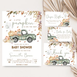 Editable Little Pumpkin Truck Baby Shower Invitation Bundle, Green Truck Pumpkin Baby Shower Invite Set, Neutral Pumpkin Baby Shower, 0824