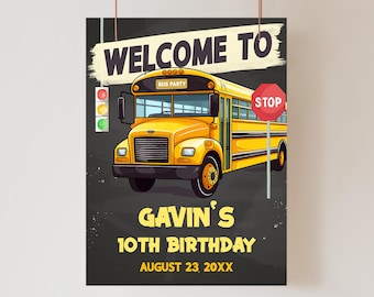 Panneau de bienvenue modifiable pour anniversaire d'autobus scolaire, panneau d'anniversaire jaune d'autobus scolaire, affiche d'anniversaire roues sur le bus panneau d'autobus scolaire fête VIP 84BD