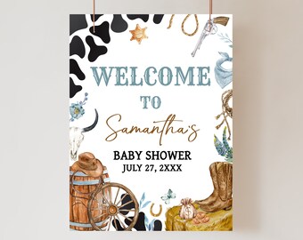 Editable Cowboy Baby Shower Welcome Sign, Rodeo Baby Shower Welcome Poster, A Little Cowboy Is On The Way, Wild West Baby Shower Sign, 0723