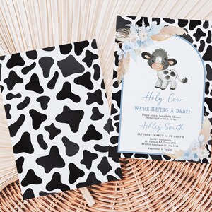 Editable Boy Holy Cow Baby Shower Invitation Bundle, Blue Highland Cow Baby Shower Invite Set, Boho Floral Farm Baby Shower Invitation, 0663 image 2