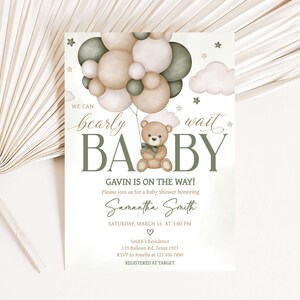 Editable Gender Neutral Bear Balloon Baby Shower Invitation Bundle, We Can Bearly Wait Baby Shower Invite Set, Boho Bear Baby Shower, 0603 image 3