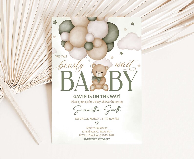 Editable Gender Neutral Bear Balloon Baby Shower Invitation Bundle, We Can Bearly Wait Baby Shower Invite Set, Boho Bear Baby Shower, 0603 image 3