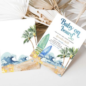 Editable Baby on Board Baby Shower Invitation, Surf Board Beach Baby Shower Invite, Surfing Summer Boy Baby Shower Invitation Template, 0677 image 2