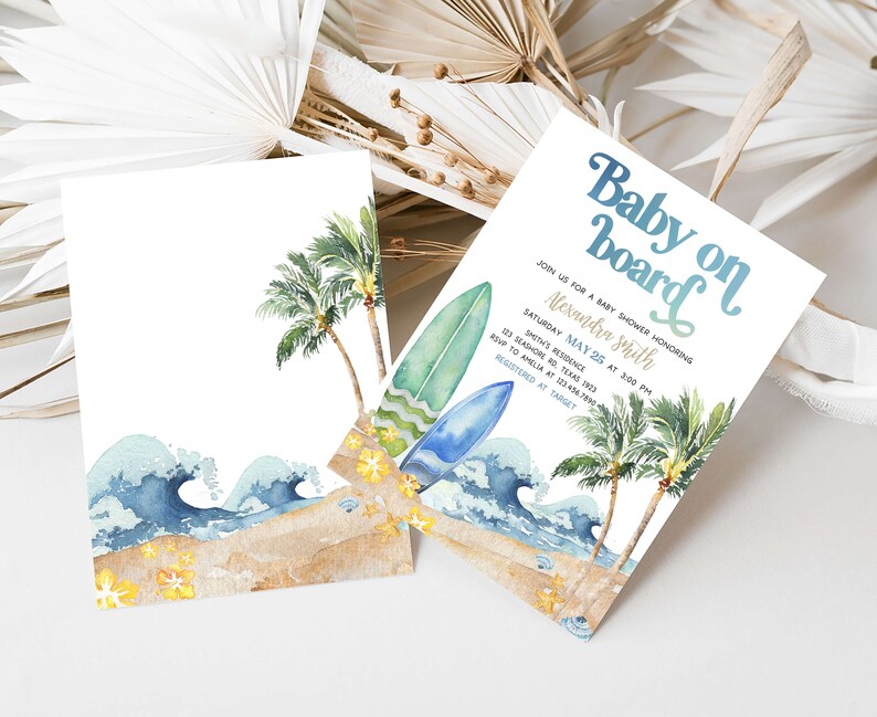 Editable Baby on Board Baby Shower Invitation, Surf Board Beach Baby Shower Invite, Surfing Summer Boy Baby Shower Invitation Template, 0677 image 2