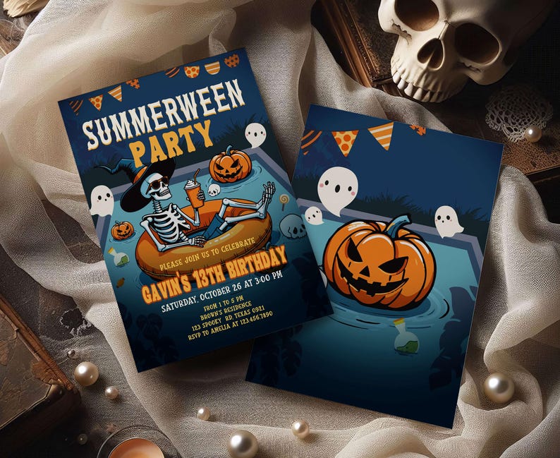 a Halloween-themed invitation for a summer party, with a skeleton wearing a witch's hat and a pumpkin with a carved face. The invitation is set against a backdrop of a skull and other Halloween decorations.