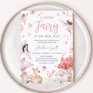 Editable Little Fairy Baby Shower Invitation, Enchanted Forest Fairy Baby Shower Invite, Girl Whimsical Floral Baby Shower Invitation, 01011