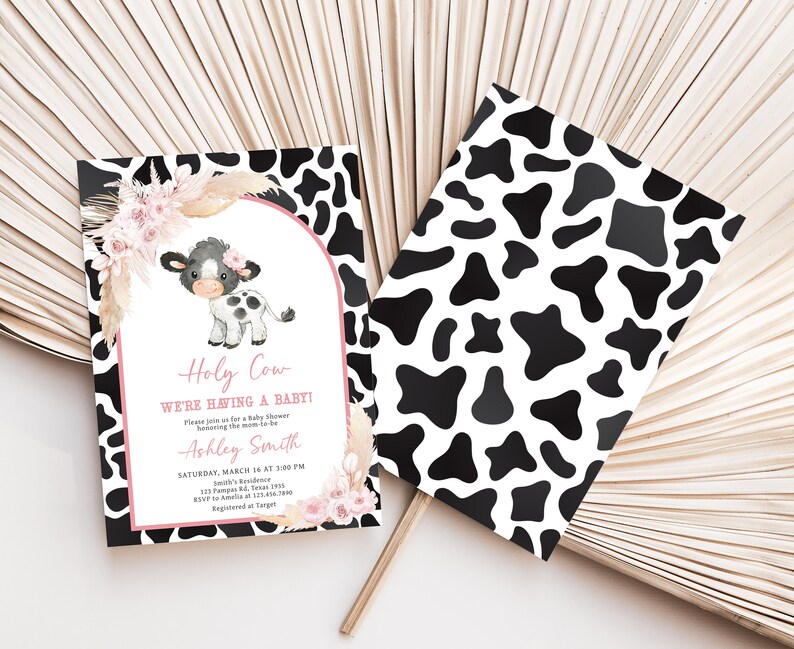 Editable Pink Cow Baby Shower Invitation, Girl Holy Cow Baby Shower Invite, Boho Highland Cow Farm Baby Shower Invitation Template, 0662 image 2