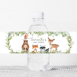 Editable Woodland Baby Shower Bottle Labels, Greenery Woodland Animals Baby Shower Water Labels, Gender Neutral Forest Animals Template 0322