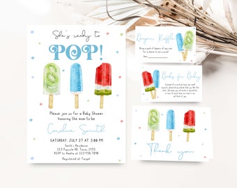 May include: A baby shower invitation with a popsicle theme. The invitation features three watercolor popsicles: one with kiwi, one blue, and one red. The text on the invitation reads "She's ready to POP!" and includes the name "Caroline Smith" and the date and time of the shower.