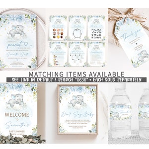 May include: A blue and white baby shower invitation with a cute elephant illustration. The invitation says "A sweet little peanut is on the way" and includes the name Samantha Smith, the date, and time of the shower. Matching items are available, see link in details or search 0636.