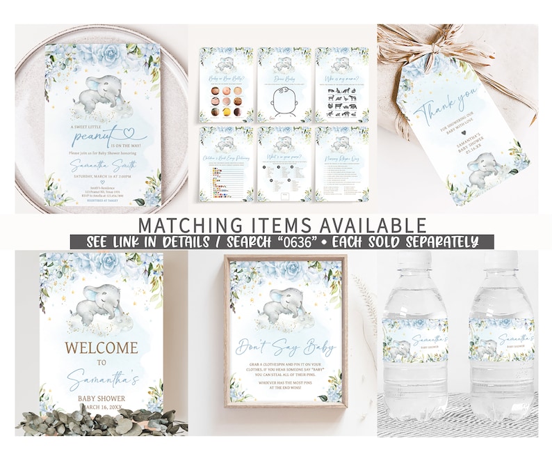 May include: A blue and white baby shower invitation with a cute elephant illustration. The invitation says "A sweet little peanut is on the way" and includes the name Samantha Smith, the date, and time of the shower. Matching items are available, see link in details or search 0636.
