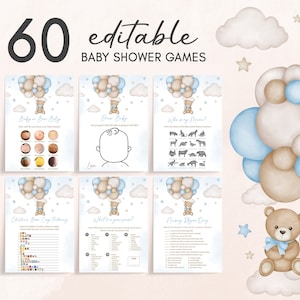 Pacchetto di giochi per baby shower con palloncino blu orsetto modificabile, pacchetto di giochi per baby shower We Can Bearly Wait, giochi per baby shower Boho Brown Bear, 0621
