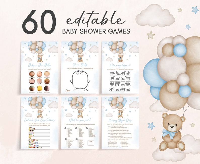 Editable Blue Boy Bear Balloon Baby Shower Games Bundle, We Can Bearly Wait Baby Shower Game Pack, Boho Brown Bear Baby Shower Games, 0621 image 1