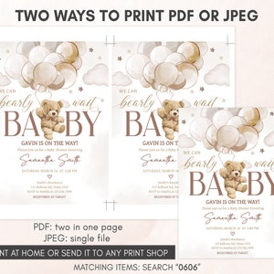 two baby shower cards with a teddy bear holding balloons