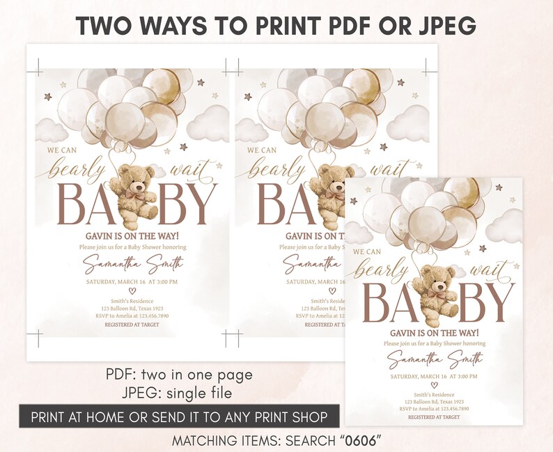 two baby shower cards with a teddy bear holding balloons