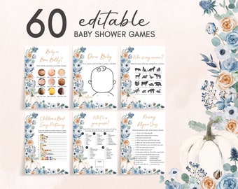 Redigerbara babyshower-spel med blå pumpa och pojke, spelpaket med höstblommig pumpa och babyshower, pumpa- och höstlek för babyshower, 0877