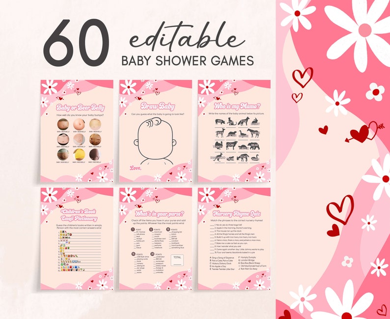 Paquete de juegos de baby shower Retro Groovy Valentine Sweetheart editable, paquete de juegos de baby shower de San Valentín, juego de juegos de baby shower de corazón rojo, 0590 imagen 1
