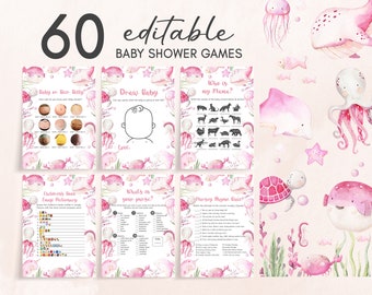 May include: A set of 60 printable baby shower games with an under the sea theme. The games feature pink and green watercolour illustrations of sea creatures, including jellyfish, seahorses, and starfish. The text on the games includes "Baby or Beer Belly", "Draw Baby", "Who is my Mama?", "Children's Book Emoji Dictionary", "What's in your purse?", and "Nursery Rhyme Quiz".