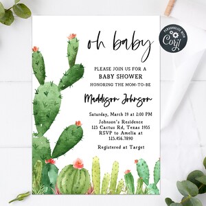 Modello modificabile dell’invito per la festa del bambino con cactus, pianta grassa, invito stampabile per bambino, festa prenatale, rustico, cactus 0188