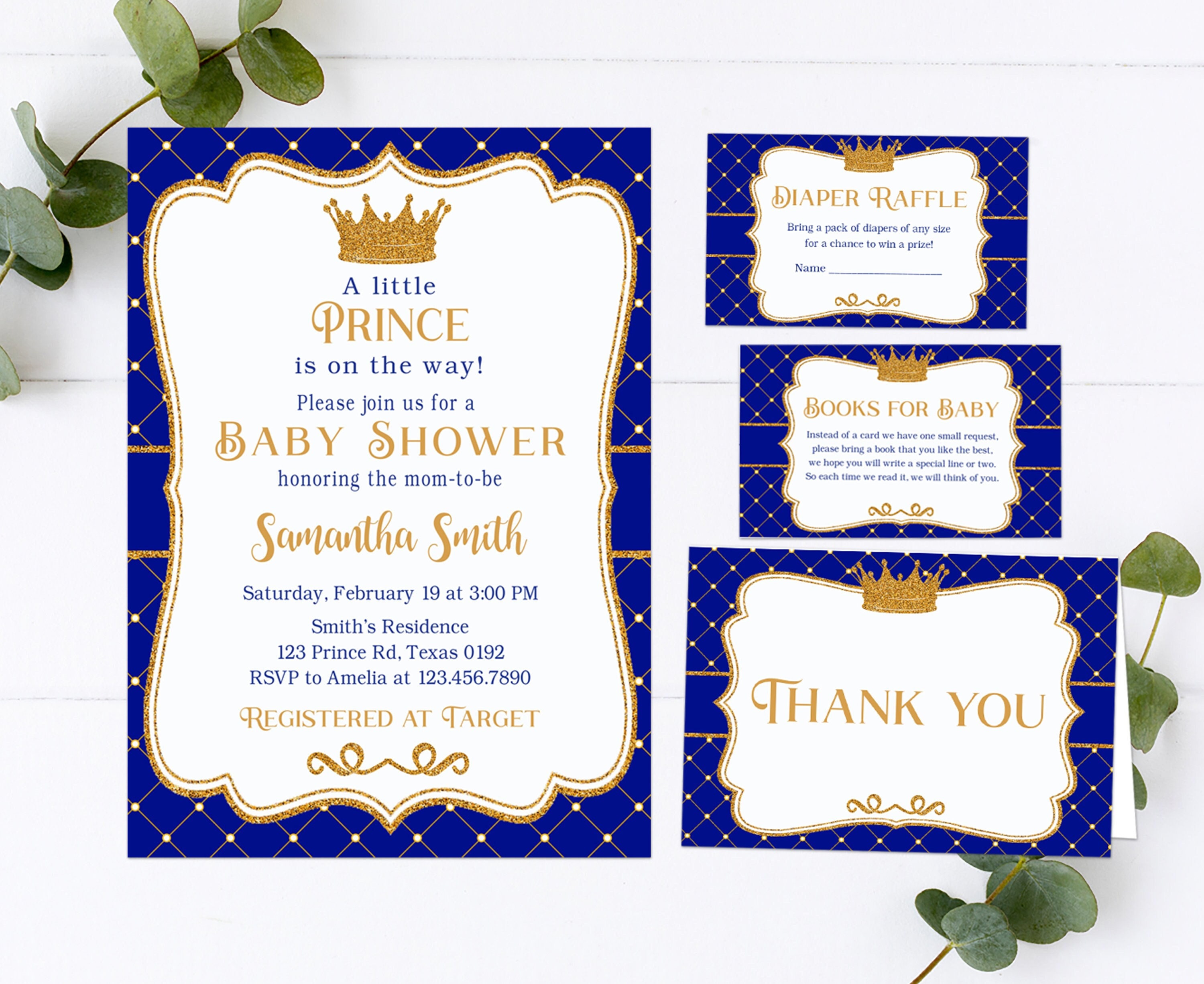 Editable Royal Baby Shower Invitation Set Little Prince Baby Etsy
