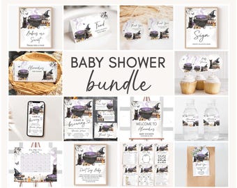 Paquete editable para baby shower de Halloween "Un bebé está en ciernes", paquete de baby shower de bruja espeluznante, plantilla de megapaquete morado para baby shower de Halloween, 01159