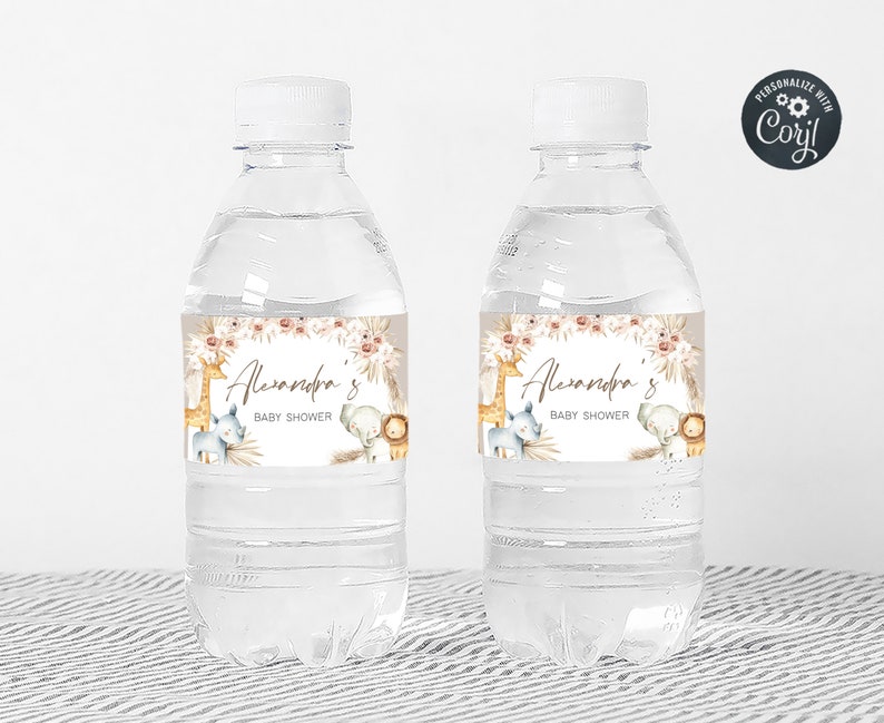 Etiqueta editable para botella de baby shower Boho Safari Etiquetas para botellas de agua Boho Jungle Baby Shower Plantilla de etiquetas imprimibles de animales Boho Safari 0284 imagen 3