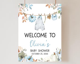 Editable Little Pumpkin Baby Shower Welcome Sign, Boy Autumn Clothesline Fall Baby Shower Poster, Blue Boho Rustic Clothesline Sign, 01142