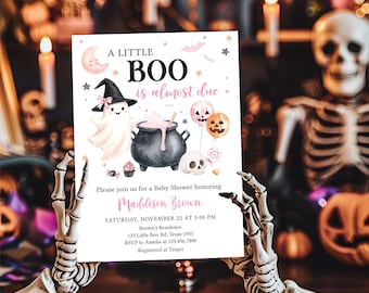 Editable A Little Boo is Almost Due Baby Shower Invitation, Pink Spooky Ghost Baby Shower Invite, Girl Halloween Shower Invitation, 01149