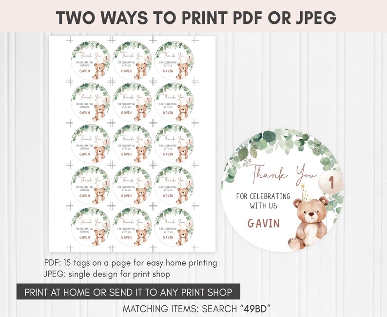 Bear First Birthday Round Favor Tags