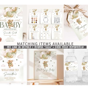 Może przedstawiać: Zestaw do druku dekoracji na baby shower z uroczym misiem trzymającym balony. Dekoracje obejmują tabliczkę powitalną, tabliczkę &bdquo;nie m&oacute;w baby&rdquo;, etykiety na butelki z wodą i etykietę z podziękowaniem. Motyw to akwarela w kolorach zielonym, brązowym i r&oacute;żowym.