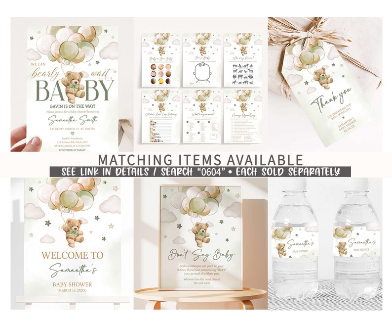 Może przedstawiać: Zestaw do druku dekoracji na baby shower z uroczym misiem trzymającym balony. Dekoracje obejmują tabliczkę powitalną, tabliczkę &bdquo;nie m&oacute;w baby&rdquo;, etykiety na butelki z wodą i etykietę z podziękowaniem. Motyw to akwarela w kolorach zielonym, brązowym i r&oacute;żowym.