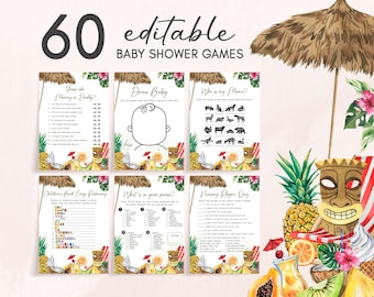 Editable Aloha Baby Shower Games Bundle, Girl Hawaiian Luau Tropical Baby Shower Game Pack, Tropical Fruits Summer Baby Shower Game, 01051