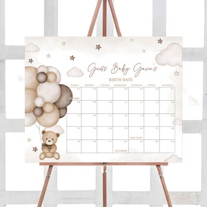 Bearbeitbarer Bärenballon-Babyparty-Fälligkeitsdatumskalender, Wir können Bären-Babypartykalender warten, geschlechtsneutrale Braunbär-Babyparty, 0605