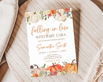 Invito modificabile per baby shower Innamoramento, Invito per baby shower con zucca floreale autunnale, Invito per baby shower autunnale di genere neutro, 0830