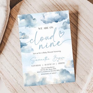 Editable On Cloud 9 Baby Shower Invitation, Dusty Blue We&#39;re On Cloud Nine Baby Shower Invitation, Baby Boy Cloud Baby Shower Invite, 01077