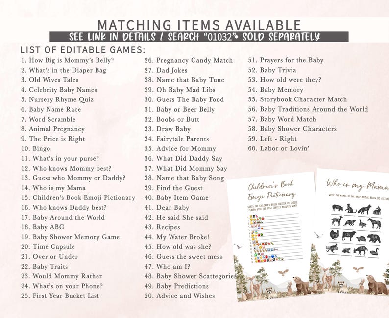 a list of matching items available for a baby shower