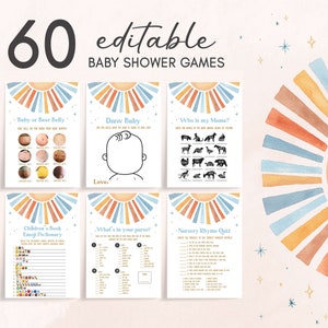 Editable Sunshine Baby Shower Games Bundle, Here Comes the Son Baby Shower Game Pack, Blue Boy Boho Sunshine Baby Shower Game Template, 0642