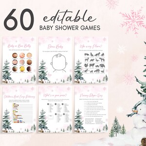 Editable Baby It's Cold Outside Baby Shower Games Bundle, Girl Winter Wonderland Baby Shower Game Pack, Pink Snowflake Baby Shower Game 0544 image 1