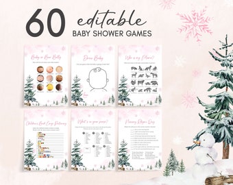 May include: A collection of six baby shower games with a winter theme. The games include "Baby or Beer Belly", "Draw Baby", and "Who is my Mama?" The text "60 editable BABY SHOWER GAMES" is at the top. Pink snowflakes and watercolor trees decorate the background.
