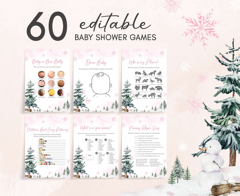 Editable Baby It's Cold Outside Baby Shower Games Bundle, Girl Winter Wonderland Baby Shower Game Pack, Pink Snowflake Baby Shower Game 0544 image 1