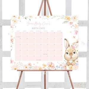 Bearbeitbarer rosa Blumenhasen-Babyparty-Fälligkeitsdatumskalender, es ist ein Mädchen Somebunny-Babypartykalender, Blumenkaninchen Fälligkeitsdatumsplakat, 01008