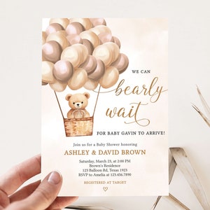 Editable Brown Bear Baby Shower Invitation, Hot Air Balloon Gender Neutral Baby Shower Invite, We Can Bearly Wait Baby Shower Invite, 0698 image 1