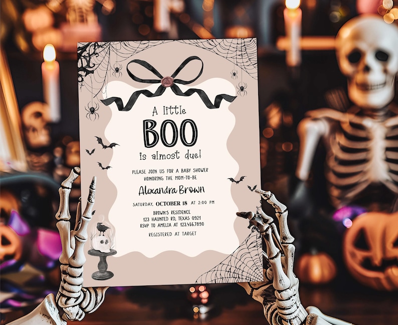 a halloween party with skeleton holding up a sign