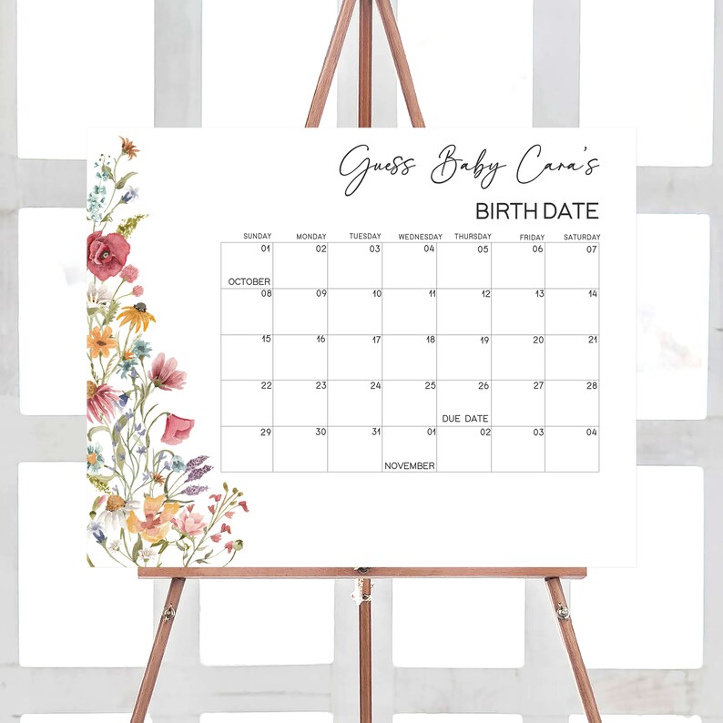 May include: A white printable calendar with a floral design on the left side. The calendar is for October and November and has the text "Guess Baby Cara's Birth Date" at the top.