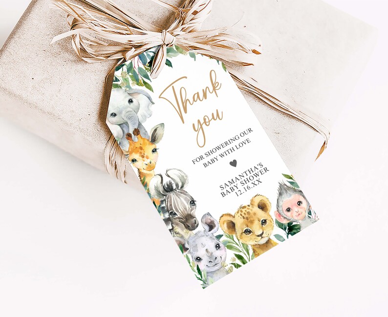 Editable A Little Wild One Baby Shower Favor Tag, Jungle Safari Baby Shower Gift Tag, Greenery Safari Animals Baby Shower Thank You Tag 0601 image 3