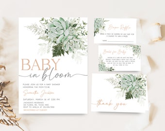 May include: A baby shower invitation with a succulent floral design. The invitation reads "Baby in Bloom" and includes the name Samantha Jackson, the date and time of the shower, and the location. The invitation also includes a diaper raffle and a book request for the baby.