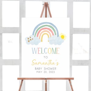 Bearbeitbares Pastellregenbogen-Babyparty-Willkommensschild, kleiner Sonnenstrahl-Babyparty-Willkommensschild, geschlechtsneutrale druckbare Vorlage 0250